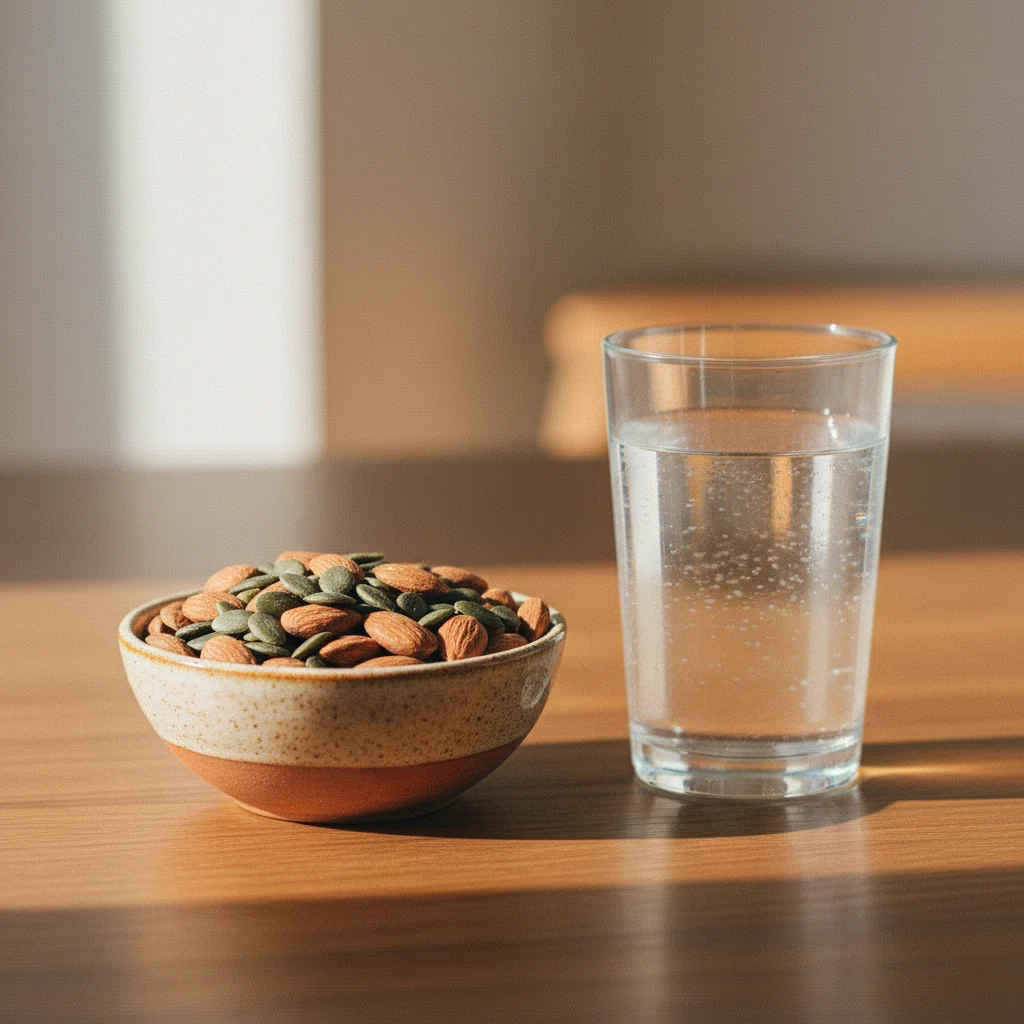 Kom met amandelen en pompoenpitten naast een glas water op een houten tafel